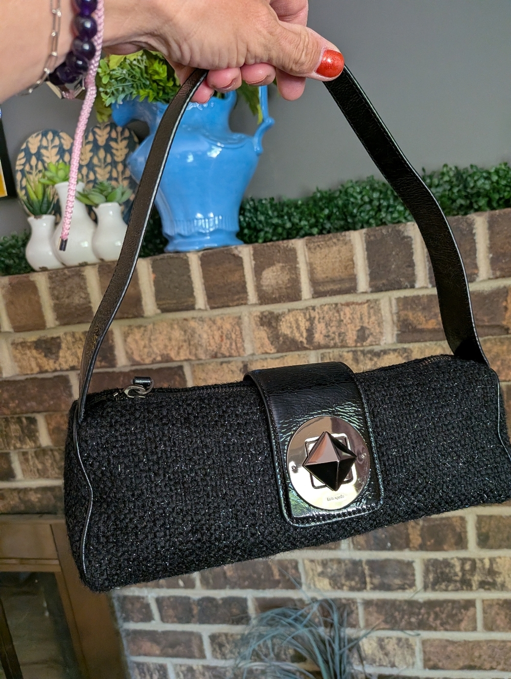Kate Spade Vintage Look Black Wool Bouclé Sparkle Baguette Bag with Turnlock - Picture 8 of 12